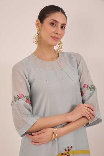 Shop_Shivani Bhargava_Blue Silk, Chanderi, Cotton Chinar Floral Embroidered Striped Kurta And Pant Set 