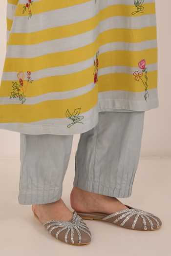 Shivani Bhargava_Blue Silk, Chanderi, Cotton Chinar Floral Embroidered Striped Kurta And Pant Set _Online