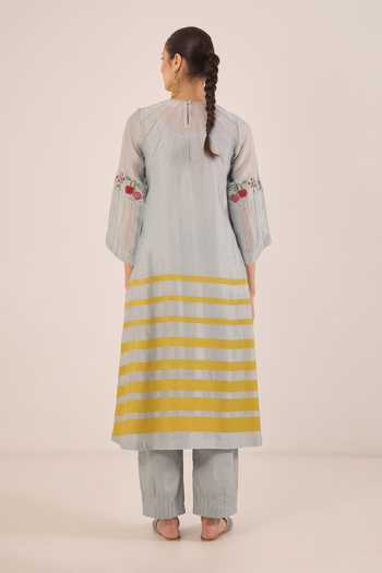 Shop_Shivani Bhargava_Blue Silk, Chanderi Round Neck, Yes Chinar Floral Embroidered And Striped Kurta _at_Aza_Fashions
