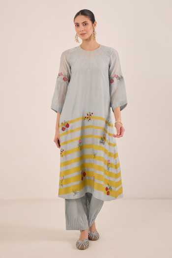 Buy_Shivani Bhargava_Blue Silk, Chanderi Round Neck, Yes Chinar Floral Embroidered And Striped Kurta _Online_at_Aza_Fashions