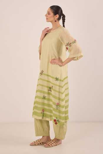 Shivani Bhargava_Green Silk, Chanderi, Cotton Round Chinar Floral Embroidered Kurta And Pant Set _Online_at_Aza_Fashions