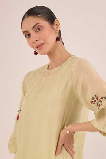 Shivani Bhargava_Green Silk, Chanderi, Cotton Round Chinar Floral Embroidered Kurta And Pant Set _at_Aza_Fashions