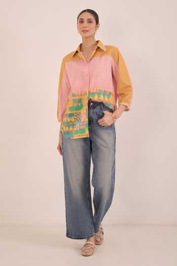 Shivani Bhargava_Multi Color Cotton Collared Neck Kahwa Block Hand Print Shirt _Online_at_Aza_Fashions