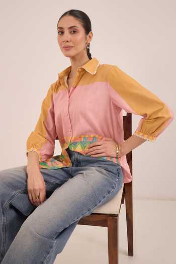 Buy_Shivani Bhargava_Multi Color Cotton Collared Neck Kahwa Block Hand Print Shirt _Online_at_Aza_Fashions