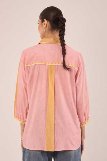 Shop_Shivani Bhargava_Multi Color Cotton Collared Neck Kahwa Block Hand Print Shirt _at_Aza_Fashions