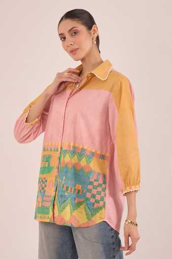Shop_Shivani Bhargava_Multi Color Cotton Collared Neck Kahwa Block Hand Print Shirt _Online_at_Aza_Fashions