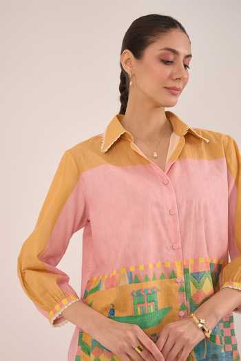 Shivani Bhargava_Multi Color Cotton Collared Neck Kahwa Block Hand Print Shirt _at_Aza_Fashions