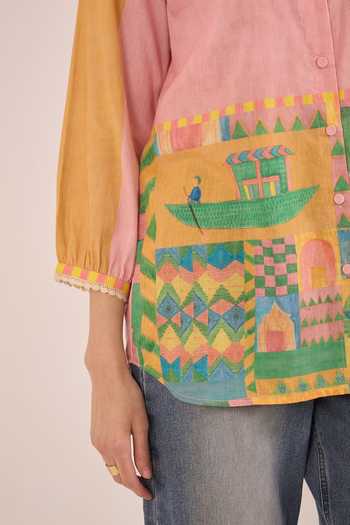 Buy_Shivani Bhargava_Multi Color Cotton Collared Neck Kahwa Block Hand Print Shirt 