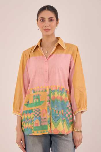 Buy_Shivani Bhargava_Multi Color Cotton Collared Neck Kahwa Block Hand Print Shirt _at_Aza_Fashions