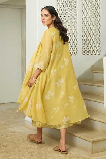 Shop_Vaayu_Yellow Cotton, Muslin Round Neck Rue Pintuck Dress _at_Aza_Fashions