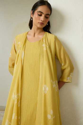 Buy_Vaayu_Yellow Cotton, Muslin Round Neck Rue Pintuck Dress _Online_at_Aza_Fashions