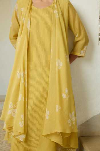 Shop_Vaayu_Yellow Cotton, Muslin Round Neck Rue Pintuck Dress _Online_at_Aza_Fashions