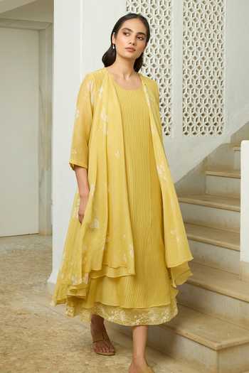 Vaayu_Yellow Cotton, Muslin Round Neck Rue Pintuck Dress _at_Aza_Fashions