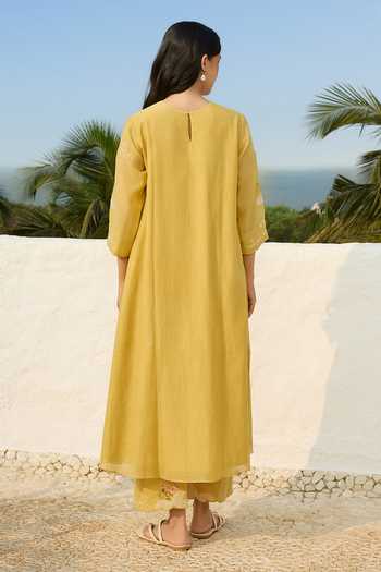 Shop_Vaayu_Yellow Muslin, Cotton Round Neck Rue Embroidered Kurta And Pant Set _at_Aza_Fashions