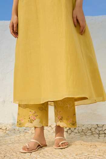 Shop_Vaayu_Yellow Muslin, Cotton Round Neck Rue Embroidered Kurta And Pant Set _Online_at_Aza_Fashions
