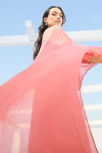 Vaayu_Coral Cotton, Muslin Keyhole Neck Hibiscus Applique Kurta Set _Online_at_Aza_Fashions