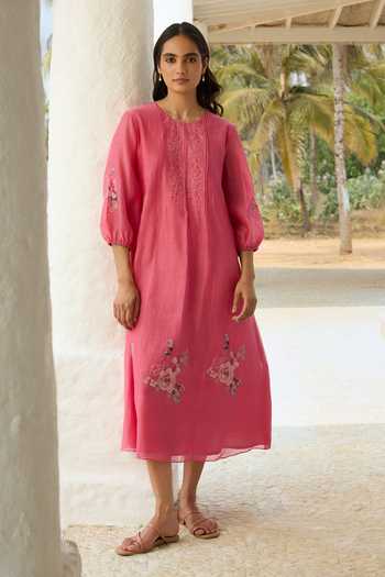 Buy_Vaayu_Pink Cotton, Muslin Round Neck Rose Pintuck Dress _at_Aza_Fashions
