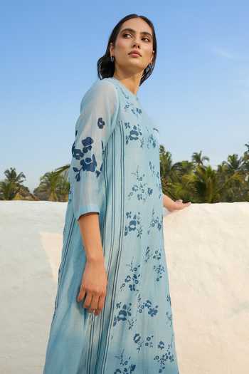 Vaayu_Sky Blue Muslin, Cotton Round Neck Floral Print Dress _Online_at_Aza_Fashions