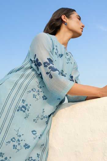 Buy_Vaayu_Sky Blue Muslin, Cotton Round Neck Floral Print Dress _Online_at_Aza_Fashions