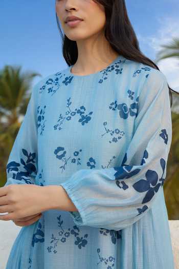Vaayu_Sky Blue Muslin, Cotton Round Neck Floral Print Dress _at_Aza_Fashions