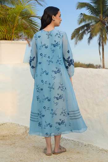 Shop_Vaayu_Sky Blue Muslin, Cotton Round Neck Floral Print Dress _at_Aza_Fashions
