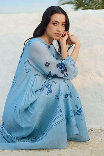 Buy_Vaayu_Sky Blue Muslin, Cotton Round Neck Floral Print Dress 