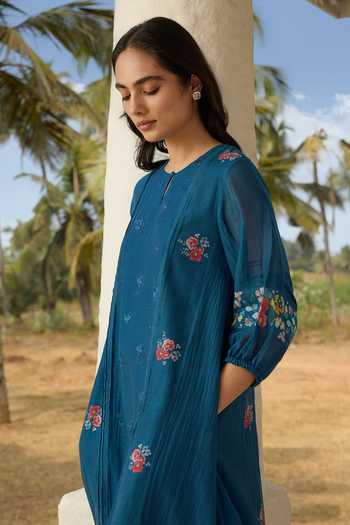 Vaayu_Blue Cotton, Muslin Keyhole Neck Sapphire Embroidered Floral Dress _Online_at_Aza_Fashions