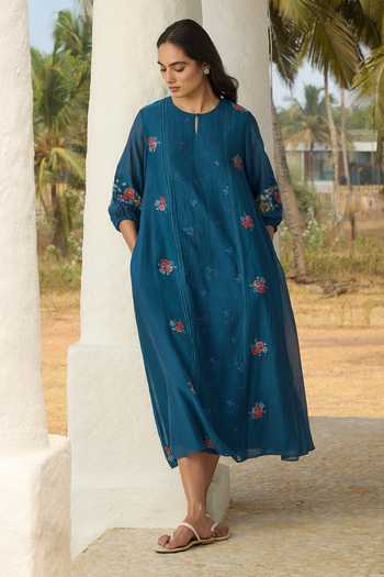 Buy_Vaayu_Blue Cotton, Muslin Keyhole Neck Sapphire Embroidered Floral Dress _at_Aza_Fashions