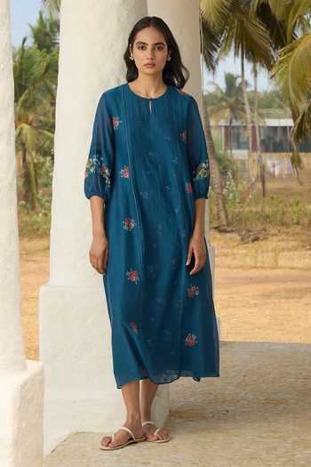 Buy_Vaayu_Blue Cotton, Muslin Keyhole Neck Sapphire Embroidered Floral Dress _Online_at_Aza_Fashions