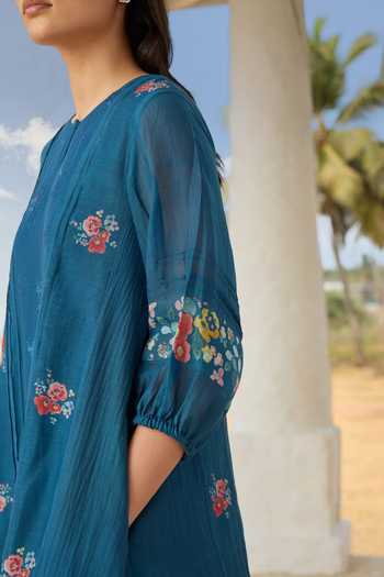 Shop_Vaayu_Blue Cotton, Muslin Keyhole Neck Sapphire Embroidered Floral Dress _Online_at_Aza_Fashions