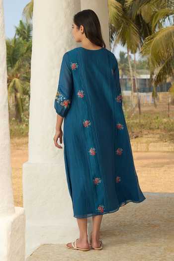 Shop_Vaayu_Blue Cotton, Muslin Keyhole Neck Sapphire Embroidered Floral Dress _at_Aza_Fashions