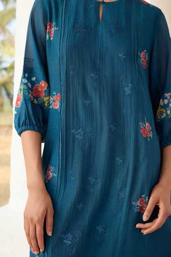 Buy_Vaayu_Blue Cotton, Muslin Keyhole Neck Sapphire Embroidered Floral Dress 