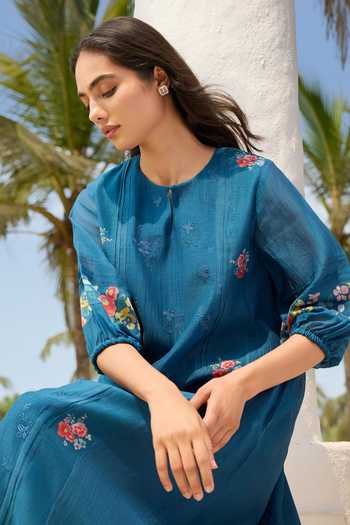 Shop_Vaayu_Blue Cotton, Muslin Keyhole Neck Sapphire Embroidered Floral Dress 