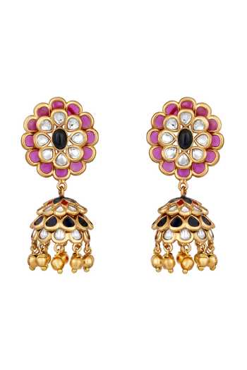 Shop_HRISHA_Pink Kundan Polki Jhumka Earrings _at_Aza_Fashions