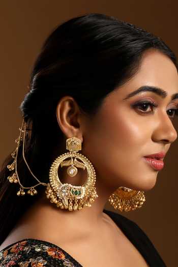 Buy_HRISHA_Gold Plated Kundan Polki Pearls Chandbali Earrings _at_Aza_Fashions