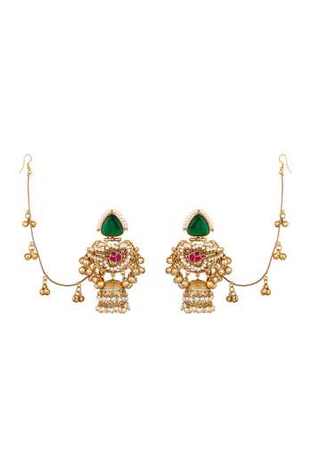 Shop_HRISHA_Green Micron Gold Polish Brass Jhumka Earrings With Pearls _at_Aza_Fashions