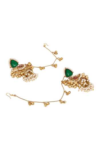 HRISHA_Green Micron Gold Polish Brass Jhumka Earrings With Pearls _Online_at_Aza_Fashions