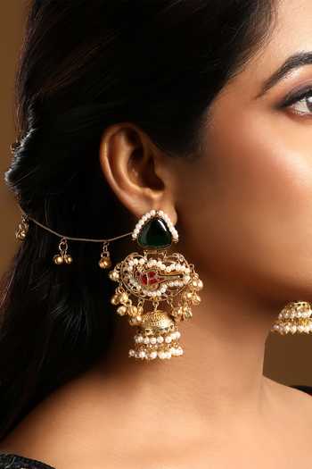 Buy_HRISHA_Green Micron Gold Polish Brass Jhumka Earrings With Pearls _Online_at_Aza_Fashions