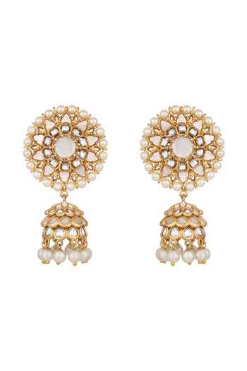 Shop_HRISHA_Gold Plated Kundan Pearl Jhumka Earrings _at_Aza_Fashions