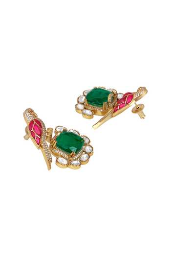 HRISHA_Green Kundan Polki Earrings _Online_at_Aza_Fashions