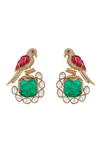 Shop_HRISHA_Green Kundan Polki Earrings _at_Aza_Fashions