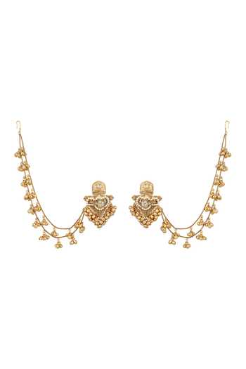 Shop_HRISHA_Gold Plated Kundan Earrings With Ear Chain _at_Aza_Fashions