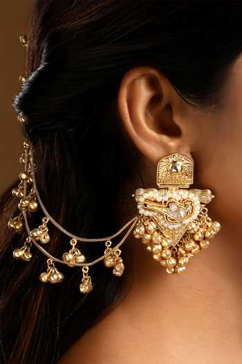 Buy_HRISHA_Gold Plated Kundan Earrings With Ear Chain _Online_at_Aza_Fashions