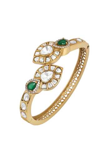 Shop_HRISHA_Green Kundan Polki Micron Gold Polished Bracelet _at_Aza_Fashions