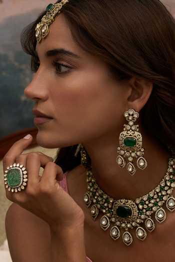Shop_Preeti Mohan_Green Devika Kundan Necklace Set _at_Aza_Fashions
