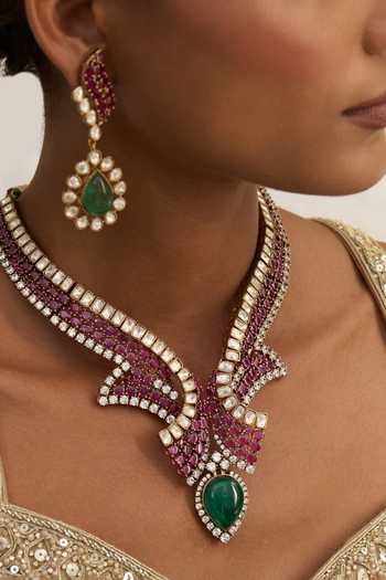 Preeti Mohan_Pink Vaneeza Zircon Embellished Necklace _Online_at_Aza_Fashions