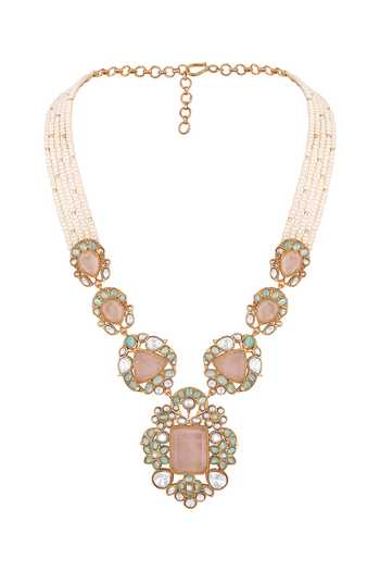 Buy_HRISHA_Pink Kundan Polki Rose Quartz Necklace And Earrings Set _Online_at_Aza_Fashions