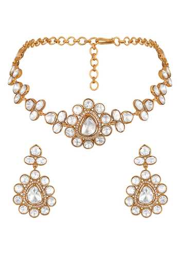 Shop_HRISHA_Gold Plated Kundan Polki Necklace Set _at_Aza_Fashions