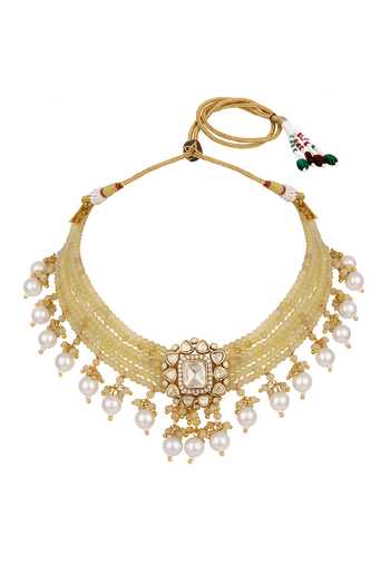 Buy_HRISHA_Yellow Kundan Polki Choker Necklace And Earrings Set _Online_at_Aza_Fashions