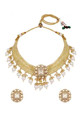 Shop_HRISHA_Yellow Kundan Polki Choker Necklace And Earrings Set _at_Aza_Fashions